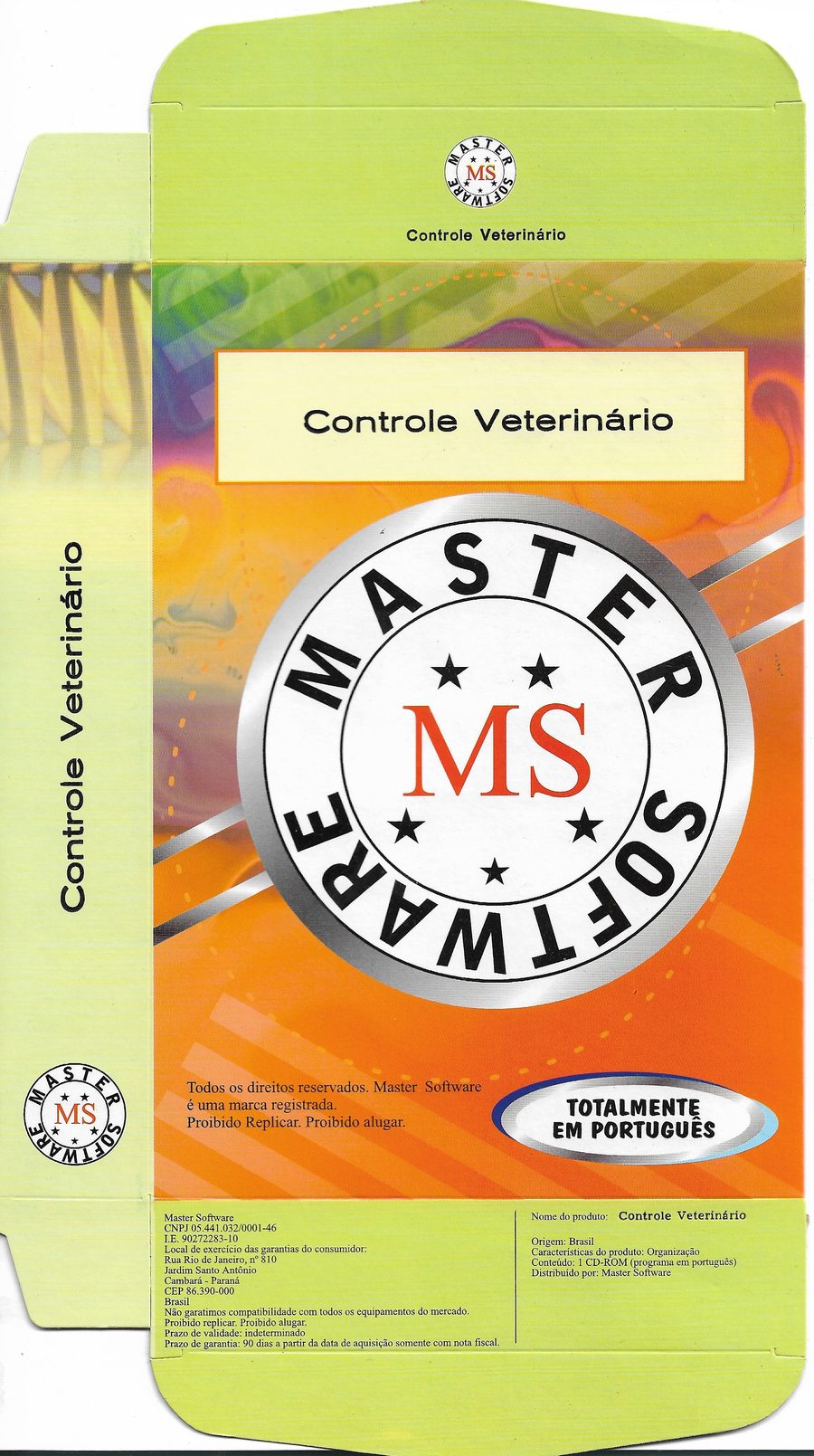 Caixa original do software Controle Veterinário, da Master Software, com selo MS e CNPJ visível