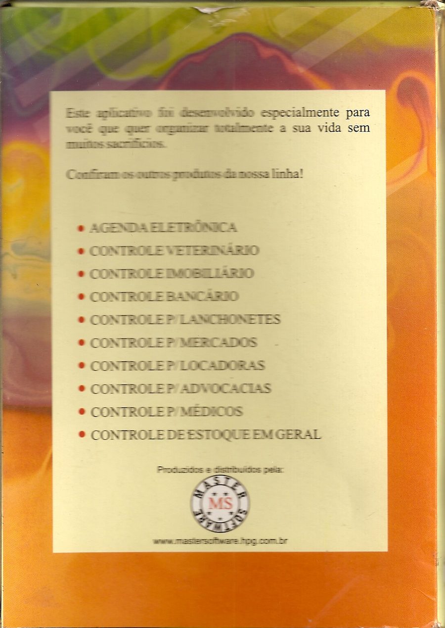 Contracapa de uma caixa da Master Software, listando os dez produtos da linha original